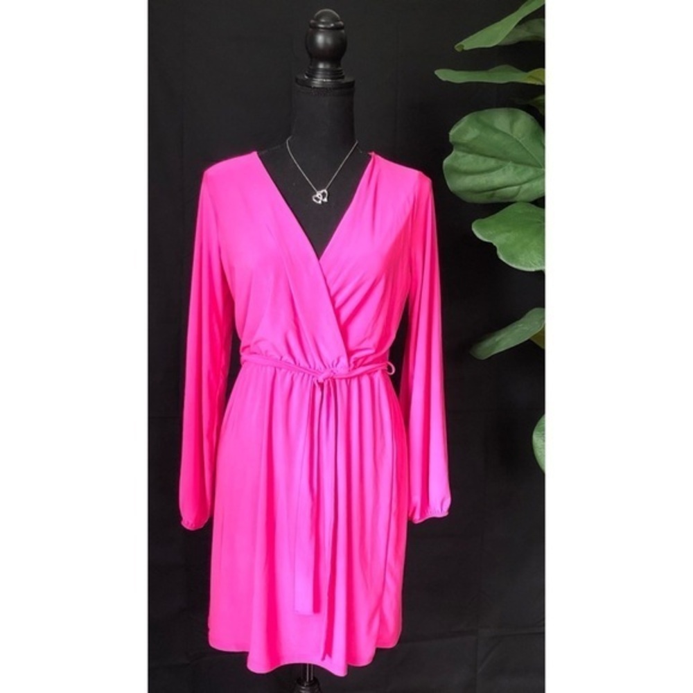 21 Saints Women's Mini Hot Pink Tie Belt Sleeve Dress Size L NWT